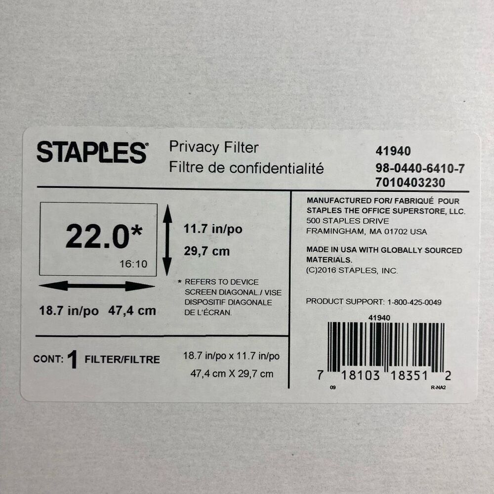 Staples Privacy Filter for 22”‎ Widescreen Monitor 16:10 11.7”x18.7” (41940)